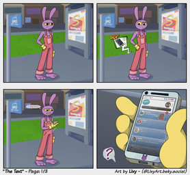 4_panel_comic advertisement ambiguous_gender annoyed barefoot bus_stop cellphone clothed clothing electronics feet female feral fur gloves grass handwear male mask onomatopoeia outside overalls phone phone_screen plant public purple_body purple_fur red_clothing red_overalls smartphone solo sound_effects speech_bubble text text_message waiting yellow_clothing yellow_gloves yellow_handwear lixy_art glitch_productions spudsy's the_amazing_digital_circus evil_jax_(tadc) fan_character gangle_(tadc) jax_(tadc) pomni_(tadc) thomas_(xploshi) zooble_(tadc) animal_humanoid animate_inanimate humanoid lagomorph lagomorph_humanoid leporid leproid living_mask living_toy mammal mammal_humanoid rabbit 2026 absurd_res comic digital_media_(artwork) hi_res nonbinary_(lore)