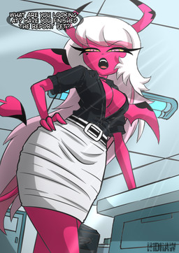 2_horns belt big_breasts breasts business_suit choker cleavage clothed clothing detailed_background dialogue eyelashes female hair hand_on_hip hand_on_own_hip highlights_(coloring) horn inside jewelry long_hair long_tail looking_at_viewer membrane_(anatomy) membranous_wings multicolored_hair necklace office pink_body pink_eyes pink_hair pink_highlights pink_skin solo spade_tail suit tail talking_to_viewer text two_tone_hair white_hair wings yellow_sclera h1draw hellaverse helluva_boss verosika_mayday demon demon_humanoid horned_humanoid humanoid succubus tailed_humanoid winged_humanoid 2025 absurd_res artist_name english_text hi_res watermark