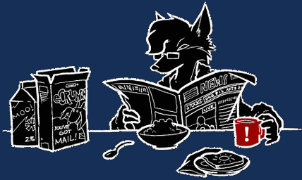 anthro beverage bread breakfast cereal coffee cutlery exclamation_point eyewear female food glasses kitchen_utensils milk newspaper simple_background solo spoon text toast tools transparent_background oce tia_nay canid canine fox mammal alpha_channel black_and_white black_and_white_and_red english_text low_res monochrome spot_color