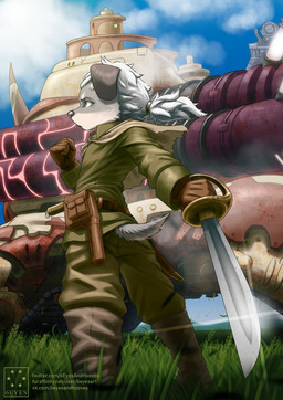 anthro armored_vehicle belt cape clothing fur gloves grey_body grey_fur hair handwear holding_melee_weapon holding_object holding_saber holding_sword holding_weapon male melee_weapon military_uniform outside ponytail saber solo standing sword tank_(vehicle) text tracked_vehicle uniform vehicle weapon white_hair young 6eyesandhooves cyberconnect2 fuga:_melodies_of_steel little_tail_bronx britz_strudel canid canine caninu canis dobermann domestic_dog mammal pinscher artist_name hi_res