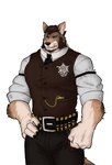 2024 anthro biped black_hair brown_body brown_eyes brown_fur canid canine canis coyote fur grey_body grey_fur hair looking_at_viewer male mammal mochaenby muscular muscular_anthro muscular_male sheriff solo white_body white_fur william_adler