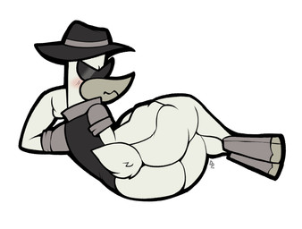 anthro beak blush butt clothing eyewear feathers hat headgear headwear male presenting presenting_hindquarters sunglasses thick_outline white_body white_feathers digitalpelican cel_damage fowl_mouth anatid anseriform avian bird duck black_and_white monochrome