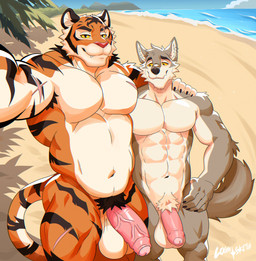 5_fingers abs anthro anthro_on_anthro armpit_hair athletic athletic_anthro athletic_male balls beach black_nose body_hair duo fangs fingers foreskin fur genitals grey_body grey_fur humanoid_genitalia humanoid_hands humanoid_penis male male/male multicolored_body multicolored_fur muscular muscular_anthro muscular_male navel nude nude_anthro nude_beach nude_male orange_body orange_fur outdoor_nudity outside penis pubes scar smile striped_body striped_fur stripes tail teeth two_tone_body two_tone_fur vein veiny_penis white_body white_fur logan-sketch epic_games fortnite oscar_(fortnite) wendell_(fortnite) canid canine canis felid mammal pantherine tiger wolf absurd_res hi_res