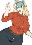 5_fingers anthro arms_bent belt belt_buckle big_breasts biped blonde_eyebrows blonde_eyelashes blonde_hair blue_eyes blush blush_lines bottomwear breasts buckle button_(fastener) clothed clothed_anthro clothed_female clothing collared_shirt curvy_figure denim denim_bottomwear denim_clothing eyebrows eyelashes fangs female female_anthro fingers fully_clothed fully_clothed_anthro fully_clothed_female glistening glistening_eyes hair kemono legs_together multicolored_body open_mouth pupils raised_arm red_clothing red_hairband red_shirt red_topwear shirt simple_background snout solo standing tan_body teal_body teal_ears teeth thick_thighs three-quarter_view topwear two_tone_body voluptuous voluptuous_anthro voluptuous_female white_background white_sclera wide_hips kamenosachi my_hero_academia ippan_josei mammal quirked_human_(my_hero_academia) 2025 colored_sketch digital_drawing_(artwork) digital_media_(artwork) hi_res portrait sketch three-quarter_portrait