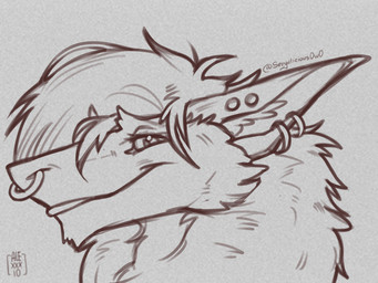 anthro ear_piercing facial_piercing fur hair inner_ear_fluff looking_at_viewer male neck_tuft nose_piercing piercing side_view smile solo tuft alexxxio_draw king_chulapa sergal hi_res monochrome