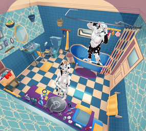 anthro anthrofied balls basket bathing bathroom bathtub blue_collar breasts casual_nudity cellphone claw_foot_bathtub clothing collar collar_tag container detailed_background duo electronics eyes_closed female flaccid foreskin fur genitals high-angle_view humanoid_genitalia humanoid_penis inside male markings mature_anthro mature_female mature_male mirror nipples nude nude_anthro nude_female nude_male partially_retracted_foreskin penis phone shower shower_head showering sink smartphone smile soap_bubbles sponge spots spotted_body standing tail toilet toothpaste towel water dal101strefan 101_dalmatian_street 101_dalmatians disney delilah_(101_dalmatians) doug_(101_dalmatians) canid canine canis dalmatian domestic_dog mammal digital_media_(artwork) hi_res