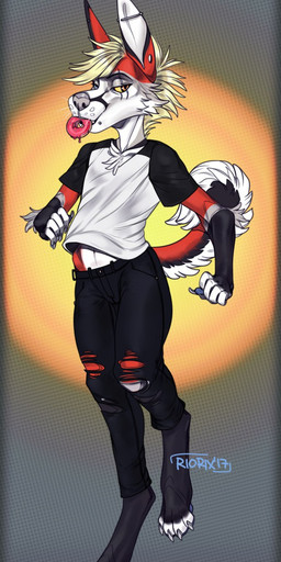 anthro black_body black_bottomwear black_clothing black_fur black_pants black_shirt black_t-shirt black_topwear blonde_hair blue_eyes bottomwear cheek_tuft chest_tuft chibi clothed clothing dessert doughnut doughnut_in_mouth ear_piercing facial_tuft food food_in_mouth fur gauged_ear hair heterochromia industrial_piercing leg_tuft looking_aside male narrowed_eyes orange_eyes pants pastry piercing red_body red_fur shirt short_hair simple_background solo standing t-shirt topwear tuft white_body white_clothing white_fur white_shirt white_t-shirt white_topwear yellow_sclera riorix canid mammal 2017 dated full-length_portrait hi_res portrait signature
