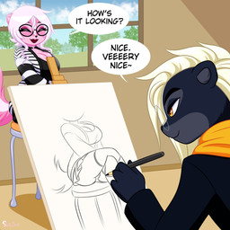 drawing_(action) duo eyewear female genitals glasses male male/female modelling travis_camellia upskirt_view vulva skelly_doll diana_rayablanca mammal mephitid skunk 1:1 2024 hi_res