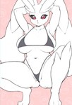 2024 3_toes anthro armpit_fetish belly big_breasts bikini black_sclera blush breasts camel_toe clothed clothing crouching curvy_figure feet female female_anthro fur generation_4_pokemon genitals hands_behind_head hi_res huge_thighs lagomorph looking_at_viewer lopunny mammal monochrome navel ninesm nintendo panties partially_visible_vulva pokemon pokemon_(species) presenting pussy pussy_floss red_eyes sagging_breasts signature simple_background solo spread_legs spreading swimwear thick_thighs toes underwear voluptuous