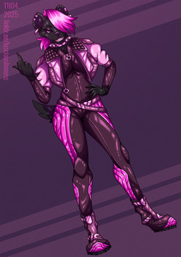 anthro belt biped black_body black_skin boots breasts clothed clothing collar ear_piercing female fingers footwear grin grinning_at_viewer hair inner_ear_fluff jacket latex latex_clothing looking_at_viewer piercing pink_eyes pink_hair racing_suit shoes simple_background slim slim_anthro slim_female smile smiling_at_viewer solo spiked_collar spikes tail teeth tight_clothing topwear tuft lusciouslioness hematite_(lusciouslioness) canid canine hyena latex_creature living_latex mammal 2025 digital_media_(artwork) hi_res