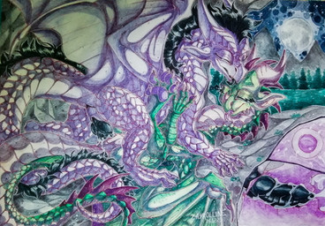 anus black_hair bodily_fluids cave cum cum_in_uterus cum_in_vagina cum_inside duo face_lick female feral feral_on_feral from_front_position full_moon genital_fluids genitals green_body green_scales hair impregnation internal knot knotted_penis licking looking_pleasured lying male male/female missionary_position moon mountain_range night on_back penetration penis purple_spikes romantic romantic_ambiance romantic_couple scales sex tongue uterus vaginal vaginal_penetration white_body white_scales zayr0lline mythology alex_(zayr0lline) violet_(zayr0lline) dragon mythological_creature mythological_scalie scalie hi_res painting_(artwork) traditional_media_(artwork) traditional_painting_(artwork) traditional_watercolor_(artwork) watercolor_(artwork)