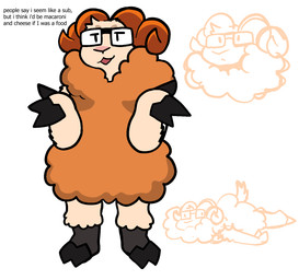 2_toes 3_fingers ambiguous_gender anthro dialogue eyewear feet fingers fur gesture glasses hooved_fingers hooves horn multiple_poses open_mouth orange_body orange_fur orange_horn pink_nose pose raised_arm rectangular_glasses shrug solo standing tan_body tan_fur text toes wool_(fur) trout_(artist) trout_(character) bovid caprine mammal sheep 2020 aliasing digital_media_(artwork) english_text hi_res