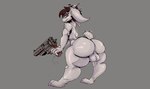 anthro balls big_butt bovid brown_hair butt caprine femboy fur genitals goat gun hair handgun holding_gun holding_handgun holding_object holding_ranged_weapon holding_revolver holding_weapon huge_butt huge_thighs long_ears male mammal ranged_weapon revolver scut_tail short_tail sir_waska solo tail thick_thighs weapon white_body white_fur