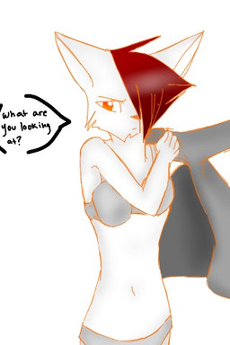 5_fingers annoyed anthro asking asking_viewer bangs big_ears biped black_text bottomwear bra breasts cheek_tuft chin_tuft clothed clothing dialogue dressing eyebrows facial_tuft female fingers fluffy fluffy_hair front_view fur fur_tuft glistening glistening_eyes glistening_hair grey_bottomwear grey_bra grey_clothing grey_jacket grey_panties grey_topwear grey_underwear hair hair_over_eye humanoid_hands jacket looking_at_viewer looking_forward medium_breasts monotone_body monotone_bottomwear monotone_bra monotone_clothing monotone_face monotone_fur monotone_hair monotone_jacket monotone_panties monotone_topwear monotone_underwear navel one_eye_obstructed orange_eyes panties pink_nose pointy_ears prick_ears question red_hair short_hair simple_background slim small_waist solo speech_bubble standing talking_to_viewer text thin_eyebrows topwear tuft underwear white_background white_body white_ears white_face white_fur lockychan reach demon domestic_cat felid feline felis mammal 2:3 english_text half-length_portrait low_res portrait