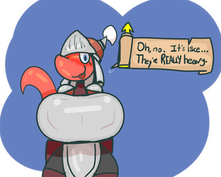 anthro armor big_breasts blush breasts claws female headgear helmet huge_breasts knight long_tail looking_at_viewer non-mammal_breasts red_body red_skin scroll solo tail text warrior wide_hips sirphilliam red_knight_(sirphilliam) lizard reptile scalie english_text