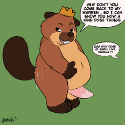 anthro balls bodily_fluids brown_body brown_fur butt crown cum cum_on_butt dialogue erection fur genital_fluids genitals green_background headgear king male overweight overweight_male penis royalty simple_background solo standing text darnell_(artist) disney hoppers_(disney) pixar king_george_(hoppers) beaver mammal rodent 1:1 2026 english_text hi_res