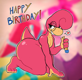 3_toes 4_fingers anthro big_butt birthday blurred_background butt cream_belly eyelashes eyeshadow eyewear eyewear_only feet fingers glasses glasses_only grin happy_birthday heart_speech_bubble heart_symbol holding_object huge_butt kneeling looking_back makeup male narrowed_eyes no_irises nude party_horn pink_body pink_eyeshadow pink_skin round_glasses sharp_teeth short_tail side_view smile solo speech_bubble tail teeth text thick_thighs toes wearing_glasses bloodylepus octii amphibian salamander 2025 digital_media_(artwork) english_text hi_res