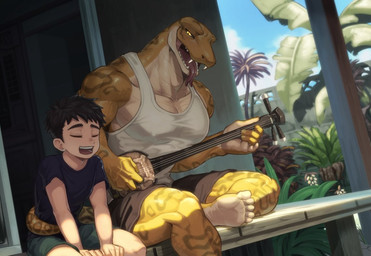 abs age_difference anthro big_muscles big_pecs clothing coiling_around_torso detailed_background duo fangs forked_tongue human_on_anthro interspecies larger_anthro larger_male male male/male male_anthro male_human muscular muscular_anthro muscular_male musical_instrument older_anthro older_male pecs plant playing_music plucked_string_instrument porch sanshin_(instrument) shirt size_difference smaller_human smaller_male snakeskin string_instrument tail tail_coil tank_top teeth tongue topwear yellow_body younger_human younger_male shinotsuku human mammal reptile scalie snake