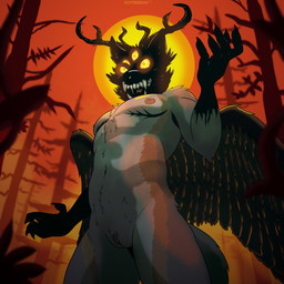 andromorph anthro antlers claws darkened_face exaggerated_mastectomy_scar forest forest_background genitals glowing glowing_eyes horn intersex looking_at_viewer low-angle_view mastectomy_scar moon multi_eye nature nature_background nipples nude plant scar shadow_face solo teeth tree vulva wings rottieridge canid canine canis coyote cryptid mammal 1:1 absurd_res hi_res huge_filesize trans_(lore) trans_man_(lore)