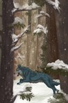 ambiguous_gender black_nose blue_body blue_fur feral fur grey_body grey_fur open_mouth orange_eyes outside plant side_view snow snowing solo text tree msdeadsoul canid canine mammal 2021 artist_name dated hi_res