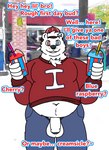 anthro belly_overhang belly_tuft blush chest_tuft clothed clothing flaccid genitals heterochromia male overweight overweight_male penis solo text tuft wardrobe_malfunction nanozapz icee icee_bear_(icee) bear mammal polar_bear ursine absurd_res english_text hi_res