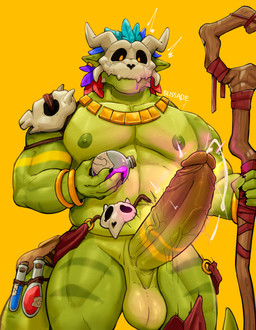 anthro areola balls belly big_balls big_penis bone bone_mask clothing erection expansion genital_expansion genitals glans green_body huge_penis humanoid_genitalia humanoid_penis male mask musclegut muscular muscular_anthro muscular_male nipples nude pecs penis penis_expansion potion potion_bottle skull skull_mask solo vein veiny_penis blissade terraria witch_doctor_(terraria) lihzahrd lizard reptile scalie absurd_res hi_res