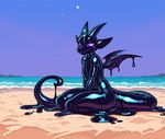 ambiguous_gender anthro beach biped black_body day glistening glistening_body half-closed_eyes hands_between_legs horn kneeling latex liquid_latex long_tail looking_at_viewer membrane_(anatomy) membranous_wings narrowed_eyes outside purple_eyes sand sky small_wings solo tail water wings sirawox kobold latex_creature living_latex scalie 2025 digital_media_(artwork)