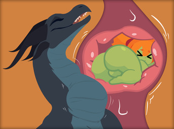 ambiguous_gender duo female feral green_body green_skin hair horn orange_background orange_hair simple_background swallowing vore smuggoblin mythology dragon goblin humanoid mythological_creature mythological_scalie scalie hi_res