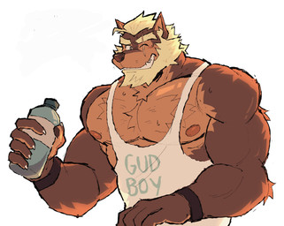 anthro barazoku beard biceps black_wristband blonde_hair bottle brown_body brown_fur brown_pawpads claws clothed clothing container deltoids eye_scar facial_hair facial_scar finger_claws fur hair holding_bottle holding_container holding_object holding_water_bottle ineffective_clothing looking_at_viewer male muscular muscular_anthro muscular_male nipple_slip nipples one_eye_closed pawpads revealing_shirt revealing_tank_top scar shirt simple_background skimpy smile solo tan_hair tank_top text text_on_clothing text_on_shirt text_on_tank_top text_on_topwear topwear water_bottle white_background white_claws white_clothing white_shirt white_tank_top white_topwear wink winking_at_viewer wristband soildweller bo_(juggermelon) canid canine canis domestic_dog mammal 2025 english_text hi_res