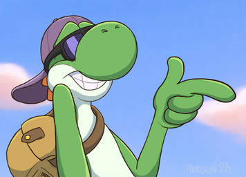 bag clothing eyewear gesture grin hand_gesture hat headgear headwear male parody pointing pose satchel smile solo sunglasses horsen disney goof_troop mario_bros nintendo green_yoshi humanoid yoshi