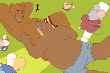 anthro biped bottomwear brown_body brown_fur clothing eyes_closed fur group male shorts slightly_chubby ham_won_art ernest_and_celestine bolero_(ernest_and_celestine) ernest_(ernest_and_celestine) bear mammal mouse murid murine rodent 2025 hi_res