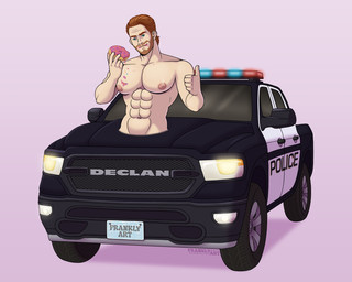 abs areola beard big_muscles big_nipples big_pecs car crumbs_on_face dessert doughnut facial_hair food frosting_on_face gesture hair hand_gesture headlight license_plate male mirror muscular muscular_male navel nipples nude nullo pastry pecs pink_frosted_sprinkled_doughnut police police_car police_officer police_officer_eating_donut police_vehicle rearview_mirror red_beard red_facial_hair red_hair sirens solo sprinkles thumbs_up truck vehicle waist wheel windshield frankly-art animate_inanimate_taur car_taur humanoid taur 5:4 hi_res
