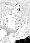 2017 anthro bottomwear breasts cleavage clothed clothing comic cookie_(furryfight_chronicles) daigaijin dolphin_shorts duo english_text female front_view furryfight_chronicles greyscale hair hi_res lagomorph leporid low-angle_view mammal midriff monochrome muko navel rabbit rodent sciurid shorts text tree_squirrel under_boob
