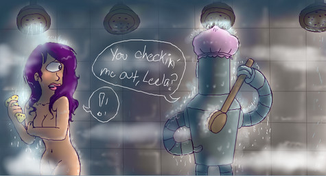 duo female hair lips machine male male/female nude purple_hair shower shower_room steam missuspatches comedy_central futurama bender_bending_rodríguez turanga_leela cyclops humanoid robot
