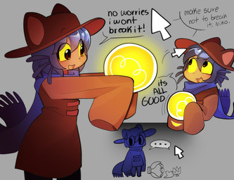 anthro clothed clothed_anthro clothed_male clothing dialogue ellipsis fur furgonomics hair hat headgear headwear light_bulb male male_anthro mouse_cursor oversized_clothing scarf solo text young young_anthro young_male bobbipup oneshot niko_(oneshot) domestic_cat felid feline felis mammal 2026 digital_media_(artwork) english_text hi_res