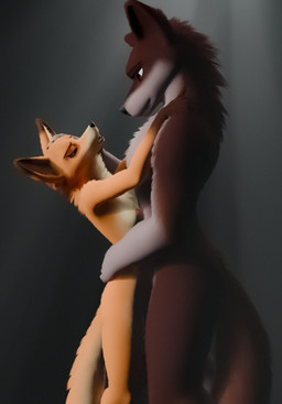 anthro cuddling duo female hug male male/female nipples size_difference mr_shy ruaidri_(modeler) canid canine canis fox mammal wolf 3d_(artwork) digital_media_(artwork) hi_res
