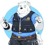 anthro bandage blue_eyes clothing fur key keyring locksmith looking_at_viewer male pawpads slightly_chubby solo topknot topwear vest white_body white_fur ruoain lifewonders live_a_hero yohack canid canine canis domestic_dog mammal 1:1 hi_res