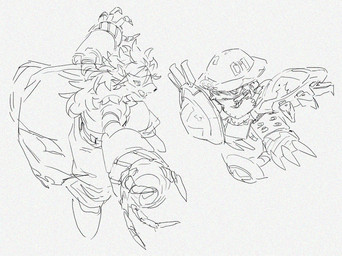 ambiguous_gender anthro armor belt clothing cybernetic_arm cybernetic_limb duo footwear fur hair headgear helmet mants mask mechanical_arm open_mouth shield shoes garmmy bandai_namco digimon digimon_beatbreak digimon_(species) ludomon wolvermon 2026 digital_media_(artwork) sketch