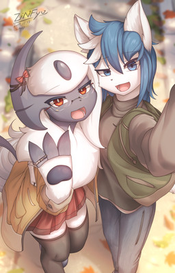 accessory anthro anthrofied big_claws black_pawpads blue_eyes blue_hair blurred_background bottomwear bow_ribbon claw_fingers claws clothed clothing denim denim_bottomwear denim_clothing duo eyewear female fluffy fully_clothed fur furgonomics glasses hair handpaw high-angle_view horn horn_accessory horn_bow horn_ribbon jacket jeans legwear long_hair looking_at_viewer male male/female neck_tuft open_mouth outside pants pawpads paws pokemorph red_eyes ribbons ring selfie shirt skirt smile standing thigh_highs topwear tuft white_body white_fur white_hair zinfyu nintendo pokemon lute_(zinfyu) absol canid canine canis generation_3_pokemon mammal pokemon_(species) wolf absurd_res digital_media_(artwork) hi_res shaded