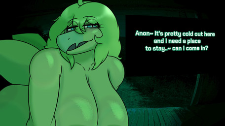 anthro bedroom_eyes bent_over big_breasts blue_eyes blush breasts dialogue eyebrow_through_hair eyebrows eyes_mostly_closed female green_body green_hair hair huge_breasts long_hair looking_at_viewer narrowed_eyes night night_vision non-mammal_breasts nude nude_anthro nude_female open_mouth outside seductive solo tail talking_to_viewer text translucent translucent_hair hyuvevo cavemanon_studios goodbye_volcano_high ko_op_(game_developer) no_i'm_not_a_human snoot_game stella_(gvh_beta) dinosaur ornithischian prehistoric_species reptile scalie stegosaurian stegosaurus thyreophoran colored english_text green_theme hi_res shaded