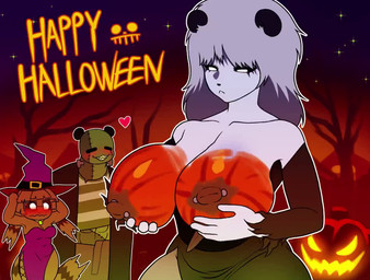 anthro big_breasts black_nose blush bodypaint bouncing_breasts breasts clothed clothing female frankenstein_costume group hair happy_halloween hat headgear headwear holidays magic_user male male/female nipple_piercing nipples paint_on_body painted_breasts piercing text trio white_body white_hair witch witch_costume witch_hat voideyedpanda halloween bo_(voideyedpanda) millie_(voideyedpanda) veddy_(voideyedpanda) bear giant_panda mammal 2025 animated loop no_sound short_playtime