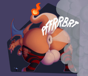 after_transformation ahegao anthro anus backsack balls big_balls big_butt butt butt_focus clothing colorless_fart_cloud fart fart_cloud fart_fetish farting_at_viewer faux_gaping feral fire flaming_tail genitals huge_butt legwear looking_pleasured male open_mouth open_smile pattern_clothing pattern_legwear pattern_thigh_highs puffy_anus raised_tail rear_view smile solo striped_clothing striped_legwear striped_thigh_highs stripes tail thick_thighs thigh_highs tongue tongue_out wings passtheblast nintendo pokemon anonymous_character charizard generation_1_pokemon pokemon_(species) hi_res