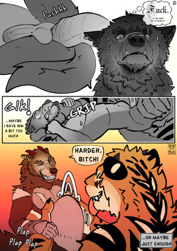 abdominal_bulge anal anal_penetration anthro anthro_on_anthro anthro_penetrated anthro_penetrating anthro_penetrating_anthro arm_grab asphyxiation balls bodily_fluids bulge butt chokehold choking deep_penetration dialogue duo erection facial_scar fur genitals growth horn horn_growth humanoid_genitalia humanoid_penis larger_male male male/male male_penetrated male_penetrating male_penetrating_male muscular muscular_male neck_grab nervous nervous_sweat nipples nude open_mouth penetration penile penile_penetration penis profanity pushing scar sex simple_background size_difference size_play size_transformation smaller_male smaller_penetrated sound_effects speech_bubble stripes sweat sweatdrop tail text tight_fit tongue transformation picantetortuga mythology darius_(picantetortuga) juno_(picantetortuga) canid canine canis felid hybrid mammal mythological_canine mythological_creature pantherine tiger werecanid werecanine werecreature werefelid werepantherine wolf absurd_res comic digital_media_(artwork) english_text hi_res monochrome multiple_scenes