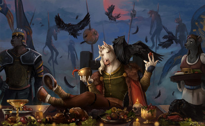 ambiguous_feral ambiguous_gender anthro armor black_body black_feathers bone brown_hair carrying_another clothed clothing death feathers female female_anthro feral food front_view fur gore grey_body grey_fur group hair headgear helmet impalement male male_anthro mouth_closed on_shoulder open_mouth outside sitting skull white_body white_hair satanic_monkey avian canid canine equid equine horse mammal mouse murid murine rodent