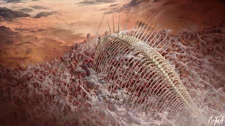 anthro bone bone_creature bone_spikes brown_hair cloud exposed_bone exposed_muscle fog hair macro steam the_rumbling naofaro attack_on_titan eren_jaeger monster titan_(attack_on_titan) 2023 detailed
