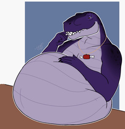 anthro belly big_belly huge_belly jewelry licking licking_lips male male_pred necklace patting_belly pecs purple_body purple_skin same_size_vore sharp_teeth struggling struggling_prey teeth tongue tongue_out vore g3xa dinosaur prehistoric_species reptile saurischian scalie theropod tyrannosaurid tyrannosauroid tyrannosaurus tyrannosaurus_rex 2d_animation animated animated_gif motion_tweening short_playtime