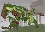 ambiguous_gender anthro armor frogs grass group headdress jumping long_tongue male mayan melee_weapon plant polearm spear tongue trio weapon wicker_shield pachycrocuta_(artist) amphibian frog