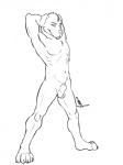 animal_genitalia anthro athletic athletic_anthro athletic_male balls fully_sheathed genitals hands_behind_head looking_at_viewer male nude sheath solo efenrai canid canine canis domestic_dog mammal 3:4 monochrome