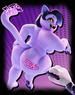 anthro big_breasts big_butt black_border border breasts butt eyelashes feet female first_person_view freckled_arms freckled_back freckled_butt freckled_hips freckled_legs freckled_shoulders freckled_thighs freckles fur gradient_background hand_on_hip holding_marker holding_object logo long_eyelashes machine marker nude on_one_leg paws purple_background purple_body purple_fur side_boob simple_background standing yaarnwurm undertale undertale_(series) catty_(undertale) mettaton domestic_cat felid feline felis mammal robot 3d_(artwork) absurd_res artist_logo digital_media_(artwork) hi_res