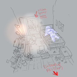 anthro apartment balcony bed bedroom bottomwear box calendar chair clothed clothed_anthro clothed_female clothes_line clothing computer container curtains desk directional_arrow electronics female female_anthro floor food footwear furniture lamp lying lying_on_bed mirror on_bed perspective pizza pizza_box red_text shoes shorts slippers solo table text trash wall_(structure) puppy_in_space mini_(puppy_in_space) canid canine canis domestic_dog mammal 1:1 2025 digital_drawing_(artwork) digital_media_(artwork) english_description english_text hi_res